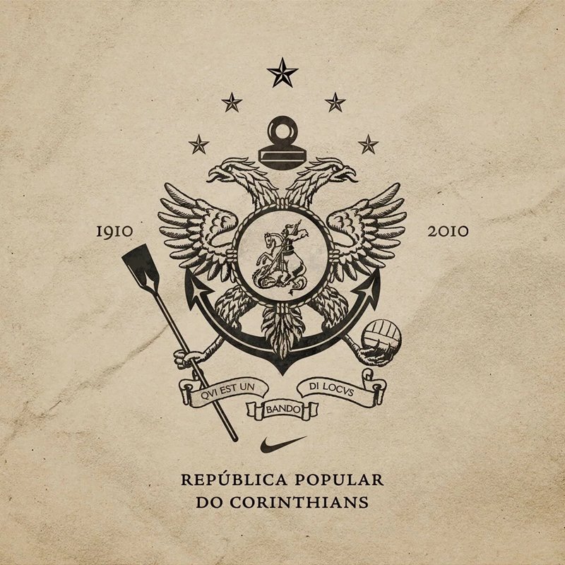 República Popular do Corinthians crest: two-headed eagle over an anchor and a ball, 1910 to 2010, with the Nike swoosh.
