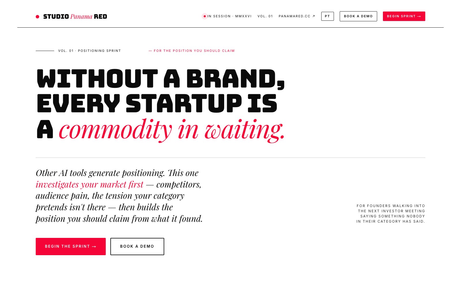 Positioning Sprint: a sprint page headed 'Without a brand, every startup is a commodity in waiting'.