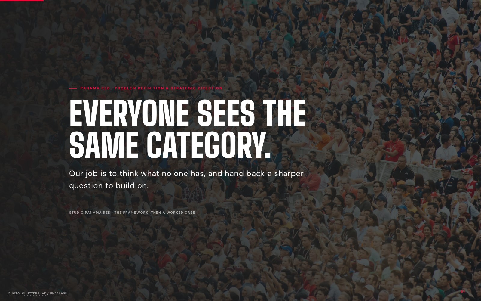 Problem Definition Sprint: a page headed 'Everyone sees the same category', set over a crowd photographed from above.